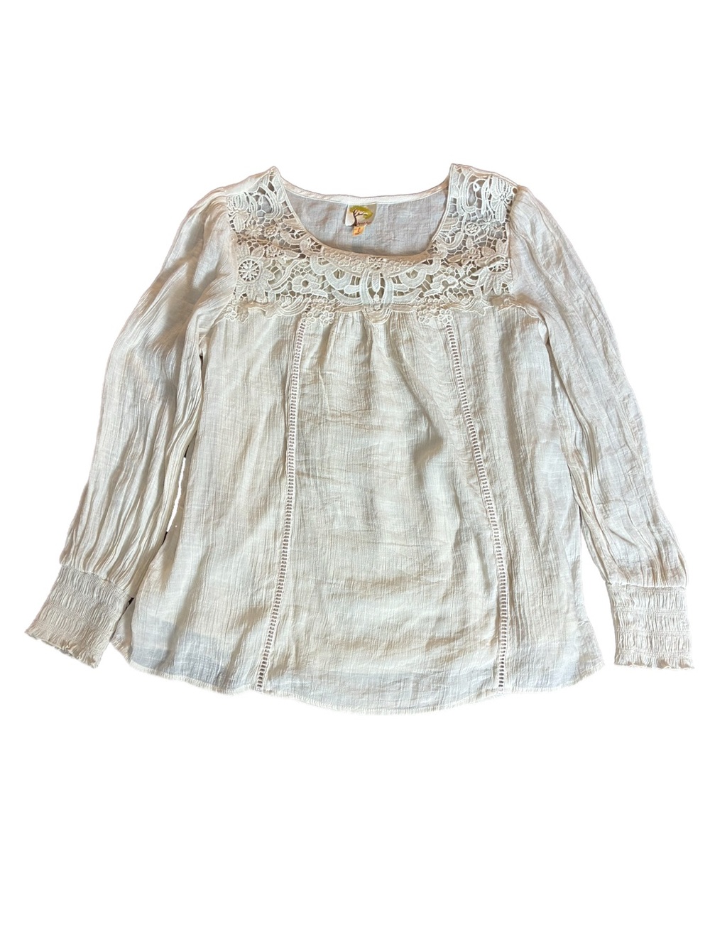 Anthropologie Fig & Flower Lace Yoke Peasant Blouse Long Sleeve Large Shabby - Picture 9 of 9